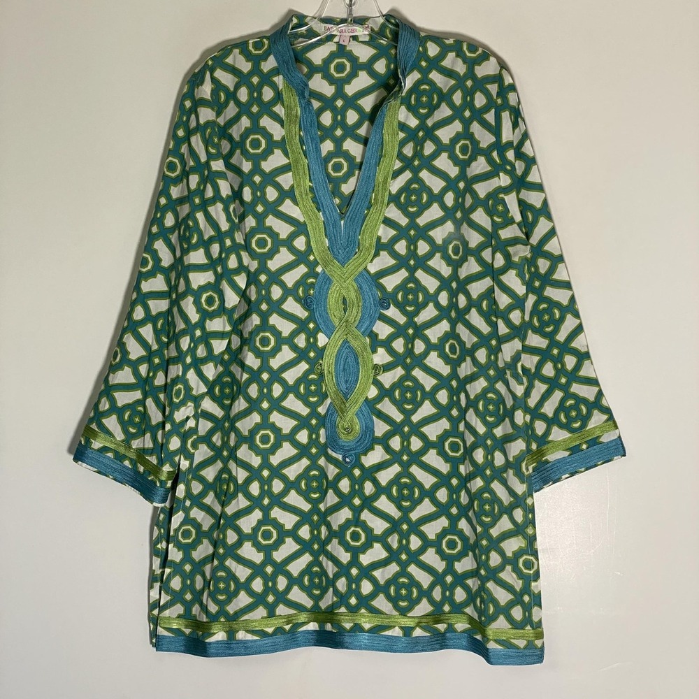 Barbara Gerwit Top Womens Large Green Blue Geometric Tunic Embroidered‎ Boho Y2K